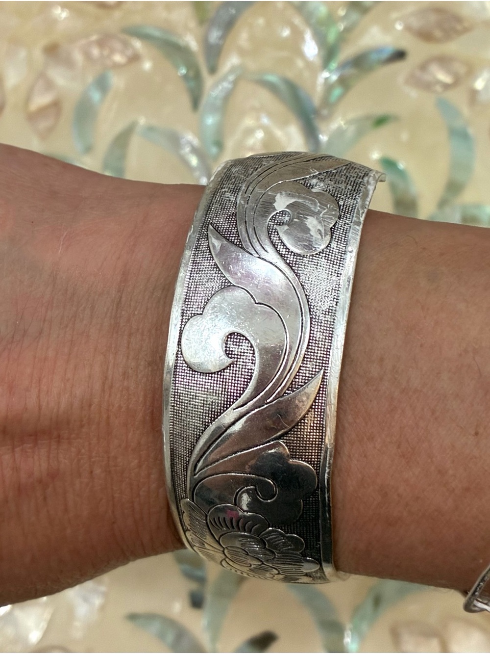 Silver-Tone Floral Engraved Cuff Bracelet - Silver